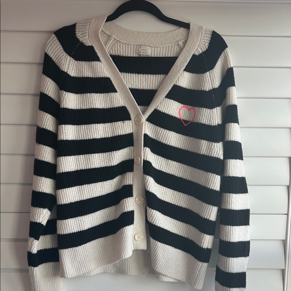 a new day Black and White Striped Cardigan with Heart Detail